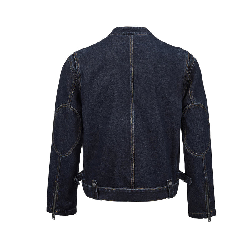 Veste biker moto en denim – Col montant indigo foncé, poches zippées et base ceinturée
