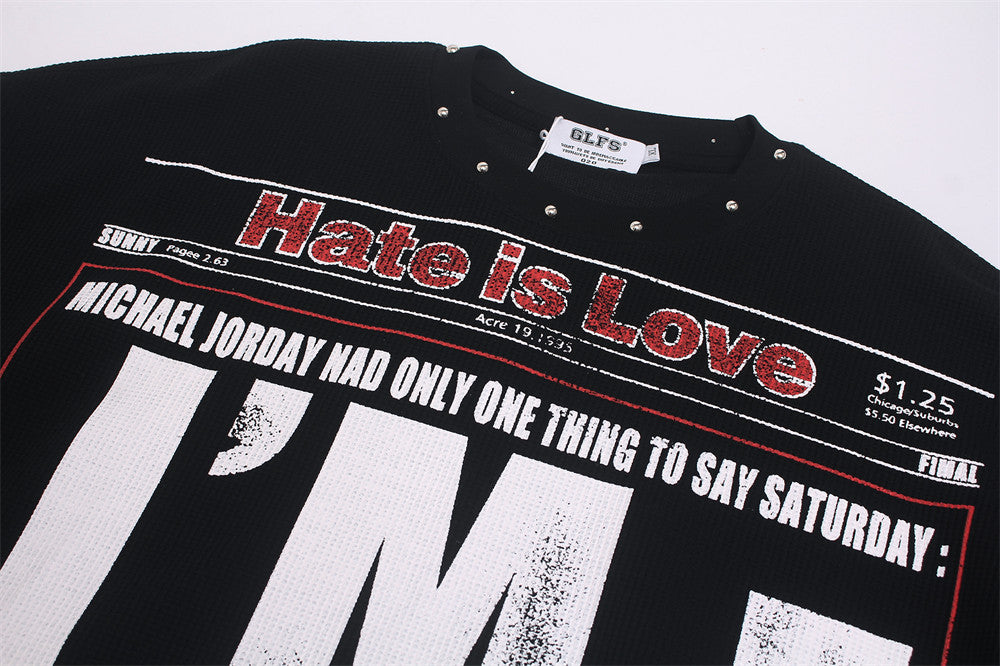 Newspaper Graphic Long Sleeve Waffle Tee – Studded Collar, Distressed Print