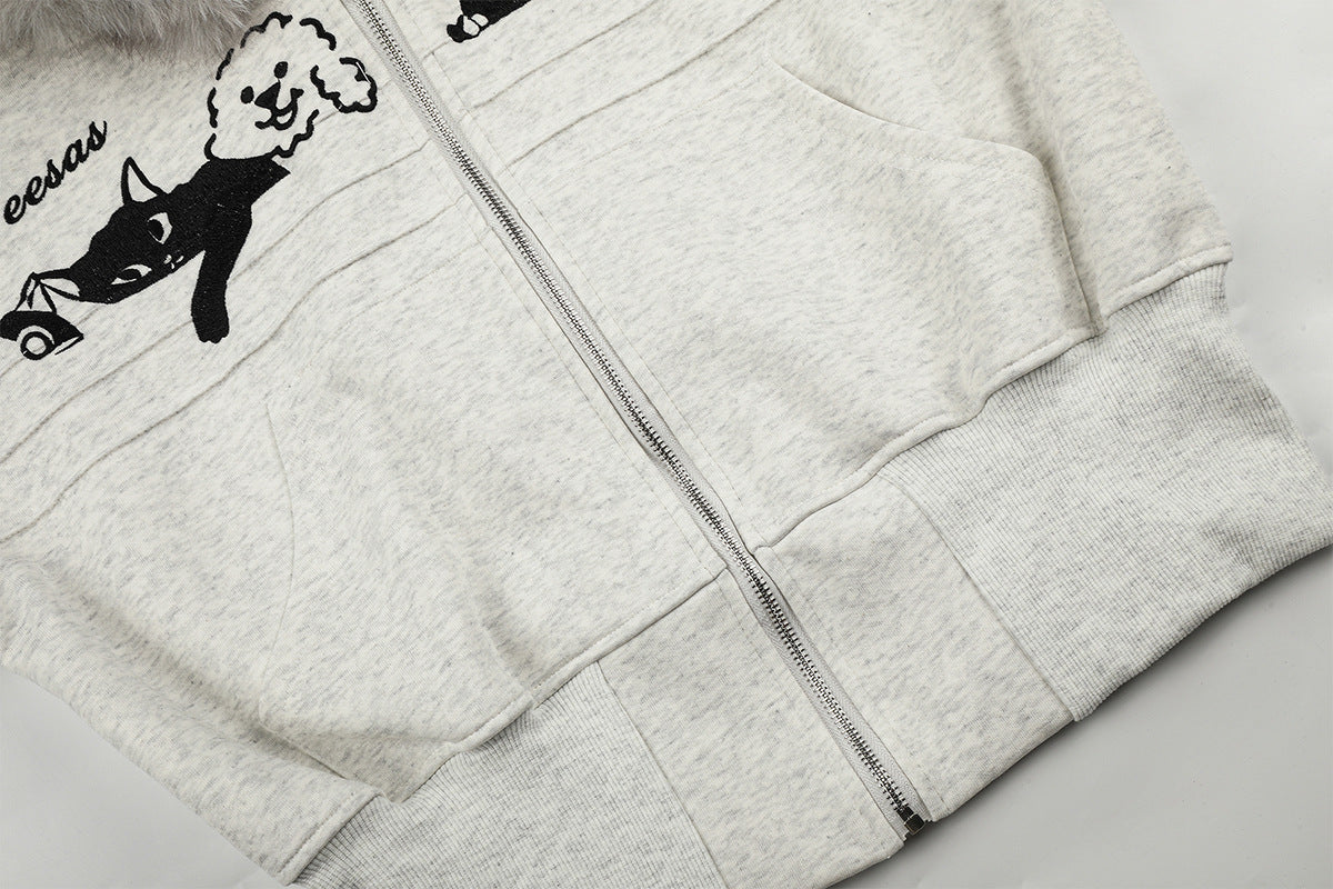 Sweat à capuche zippé brodé chat avec col en fausse fourrure – Style bomber court