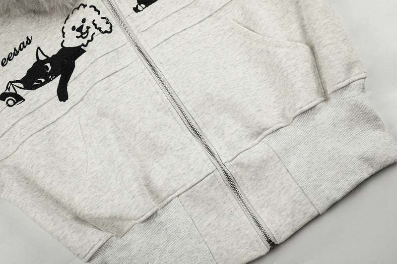 Sweat à capuche zippé brodé chat avec col en fausse fourrure – Style bomber court