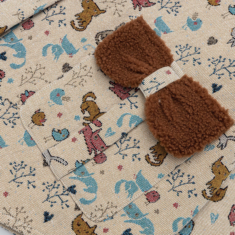 Cartoon Cat Allover Print Jacket with Fleece Collar & 3D Bear Clasp, Relaxed Fit