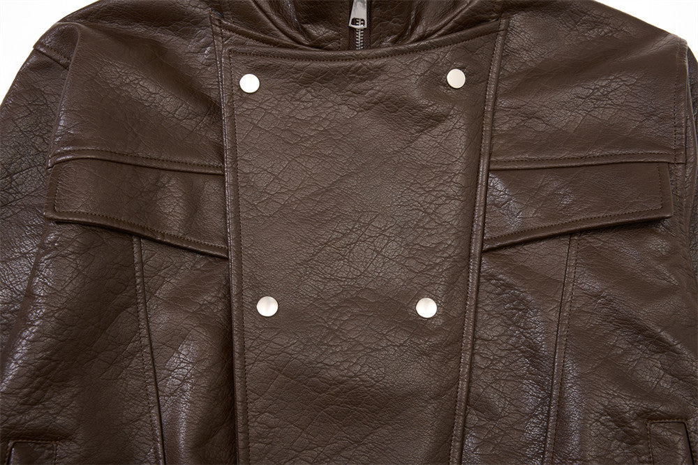 Men's Oversized PU Leather Bomber Jacket – Stand Collar Double-Breasted Snap