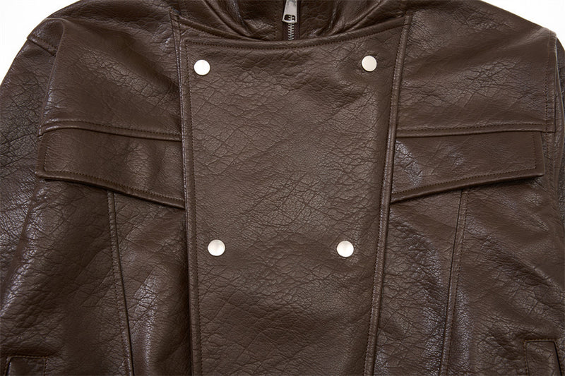 Men's Oversized PU Leather Bomber Jacket – Stand Collar Double-Breasted Snap