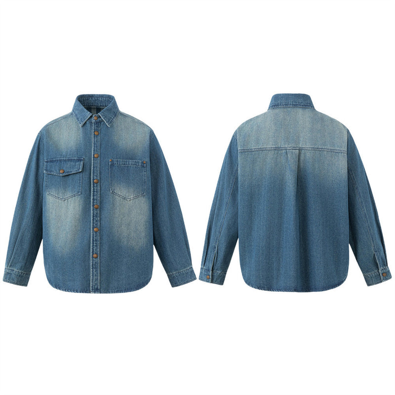Oversized Washed Denim Shirt – Men's Long Sleeve Button-Up with Dual Chest