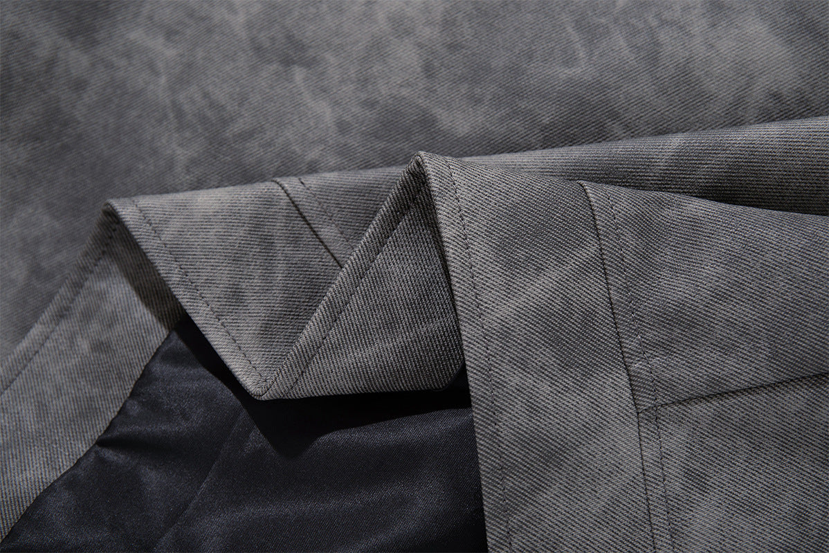 Distressed Grey Moto Jacket – Asymmetric Zip, Relaxed Fit