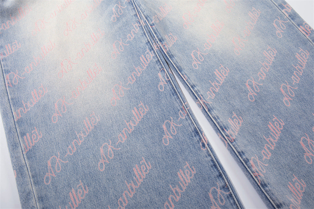 Wide-Leg Jeans with Allover Pink Script Print – Light Blue Washed Denim