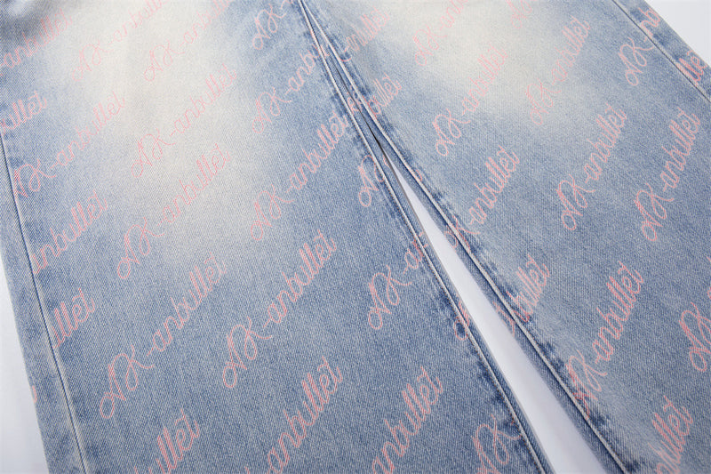 Wide-Leg Jeans with Allover Pink Script Print – Light Blue Washed Denim