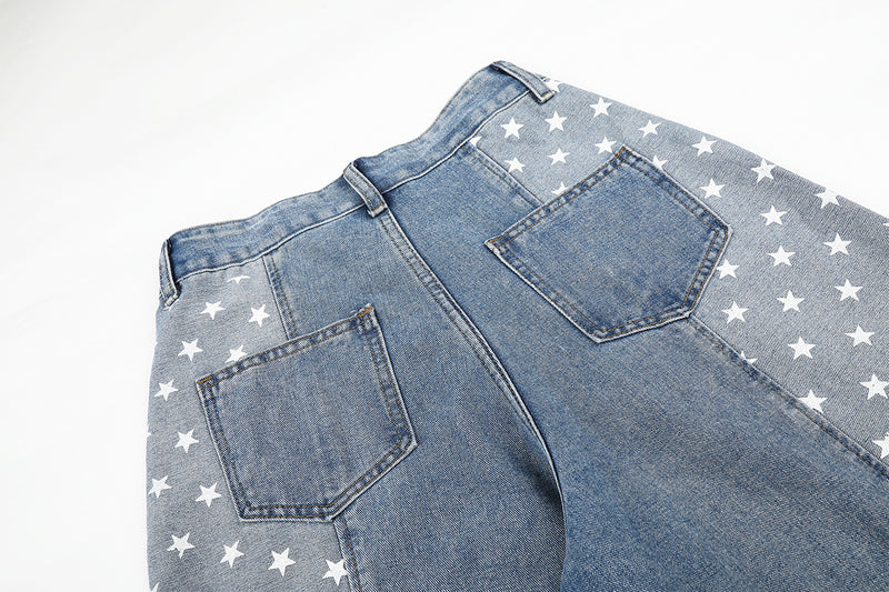 Baggy-Jeans mit weitem Bein – Denimhose mit Stern- und Streifen-Patchwork