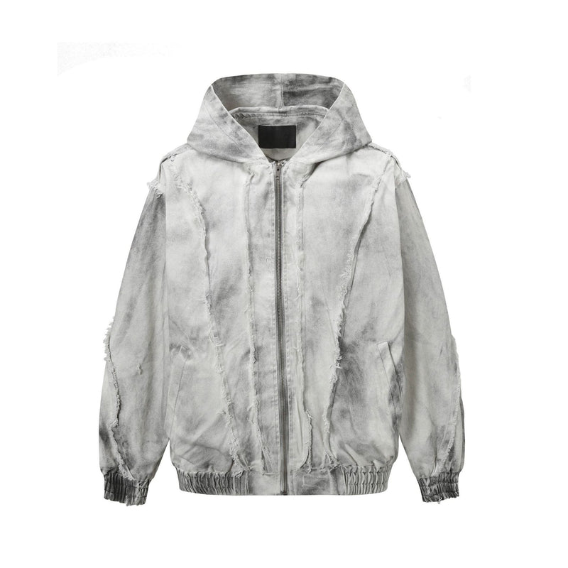 Men's Washed Distressed Zip-Up Hooded Jacket with Raw-Edge Patchwork