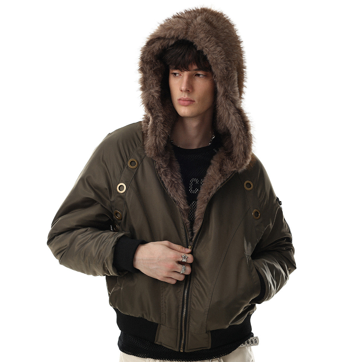 Men's padded bomber jacket with faux fur-trimmed hood and gold eyelet detailing in army olive