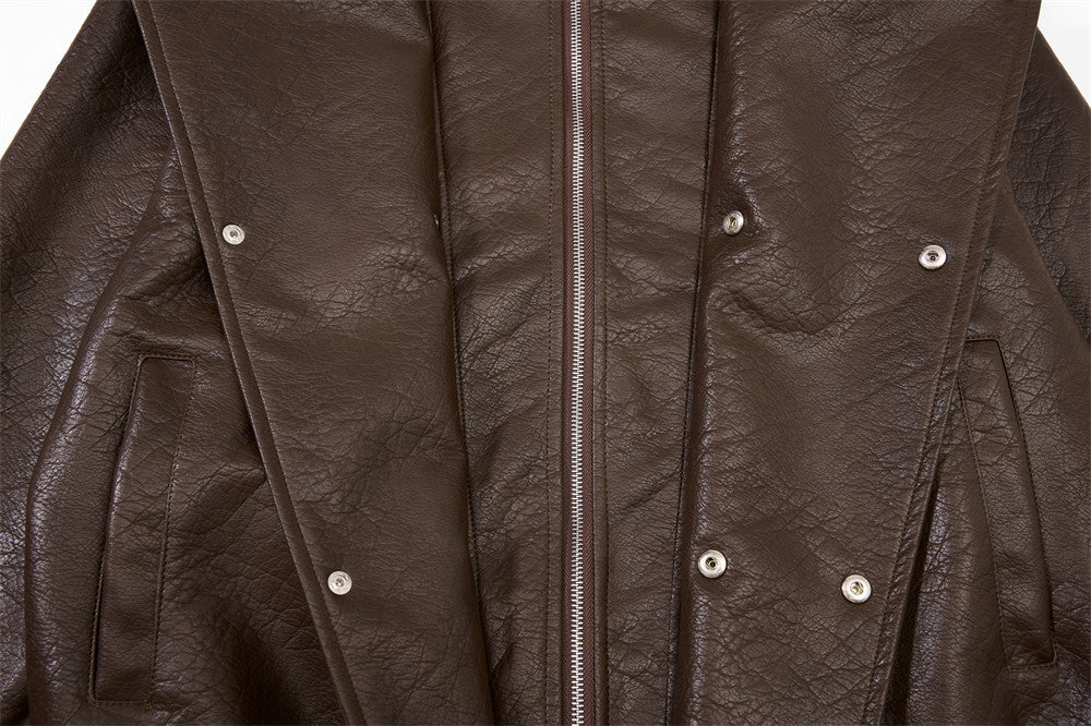 Men's Oversized PU Leather Bomber Jacket – Stand Collar Double-Breasted Snap