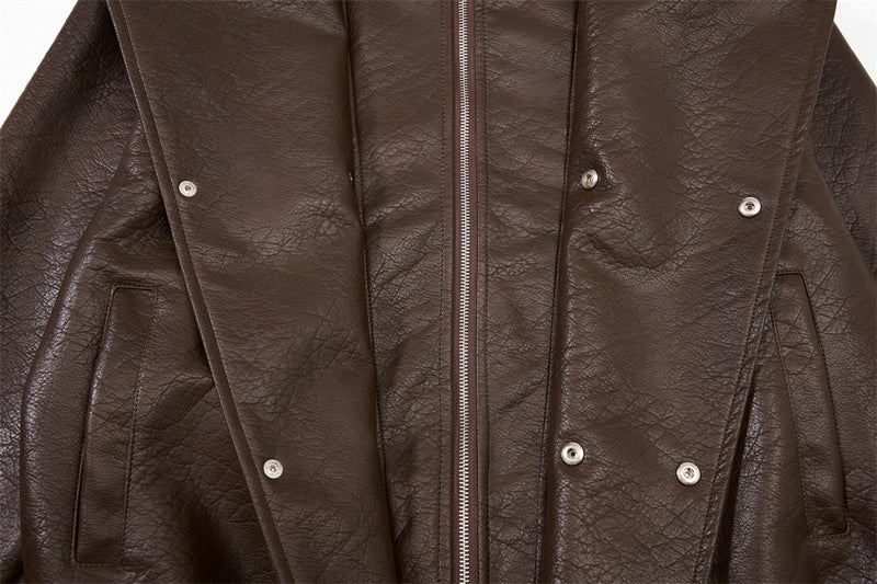 Men's Oversized PU Leather Bomber Jacket – Stand Collar Double-Breasted Snap