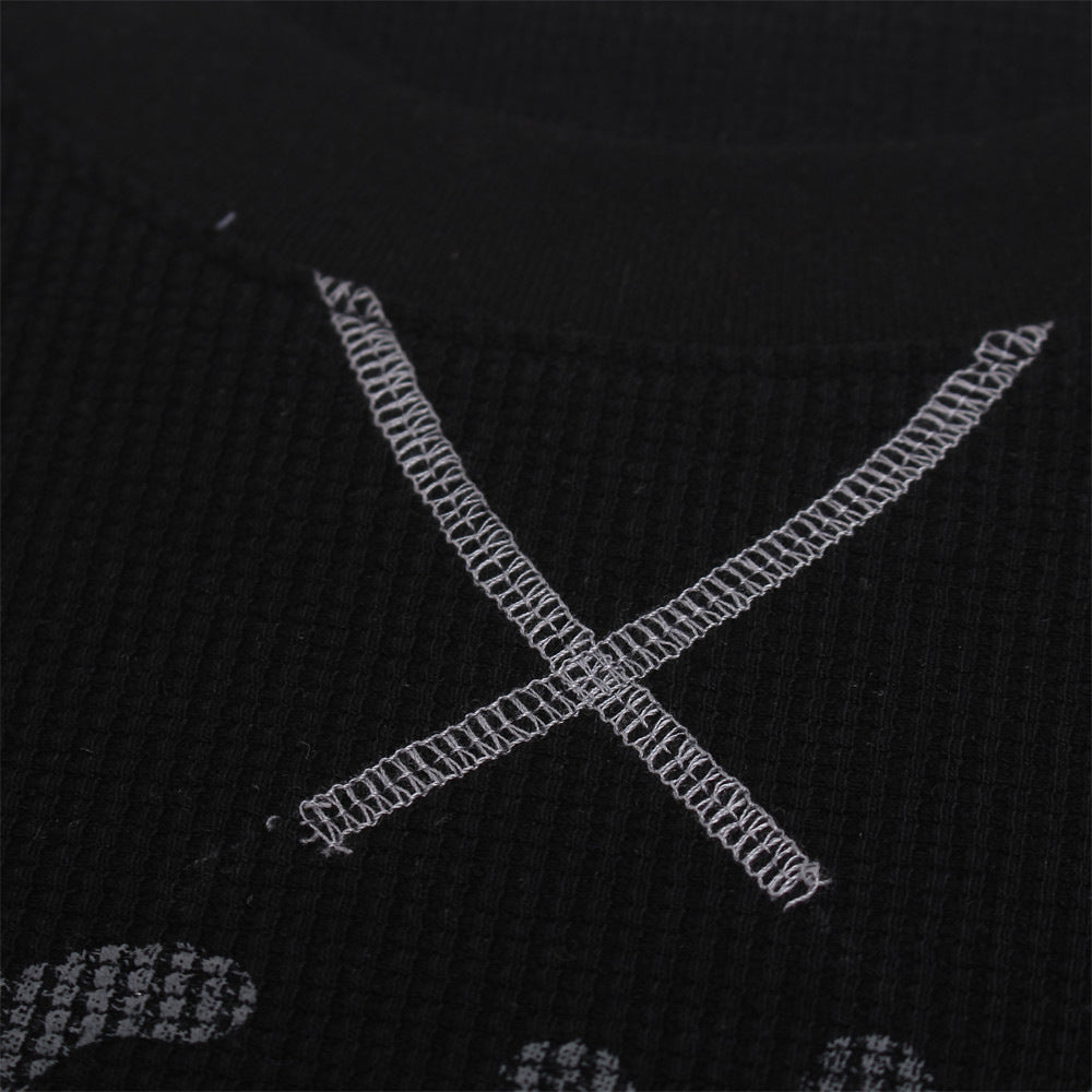 Cross Print Waffle Knit Long Sleeve Crew Neck Tee – Oversized Streetwear Graphic