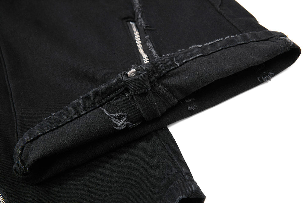 Black Wide-Leg Deconstructed Jeans – Zipper Detail & Raw-Edge Patchwork