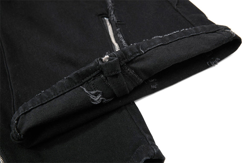 Black Wide-Leg Deconstructed Jeans – Zipper Detail & Raw-Edge Patchwork
