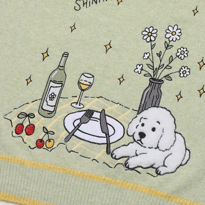 V-Neck Knit Sweater Vest with Cute Puppy Picnic Embroidery