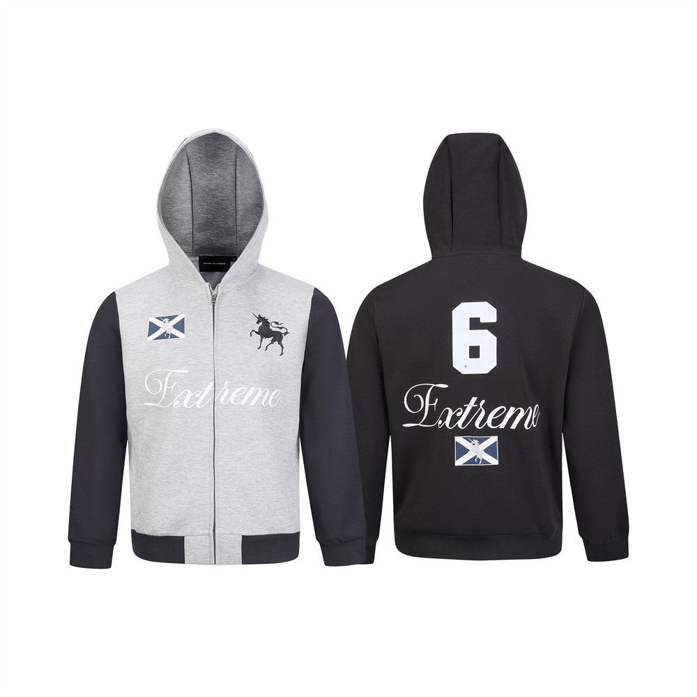 Men's Black Zip-Up Hoodie – Colorblock Graphic Streetwear Sweatshirt