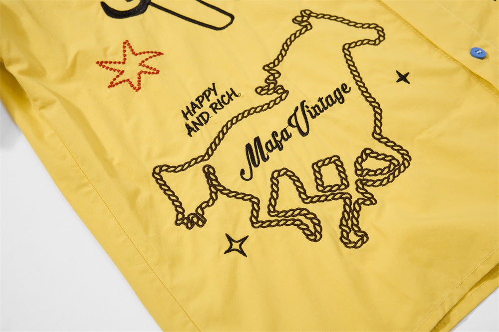 Cartoon Embroidered Short Sleeve Shirt – Oversized Streetwear Button-Up