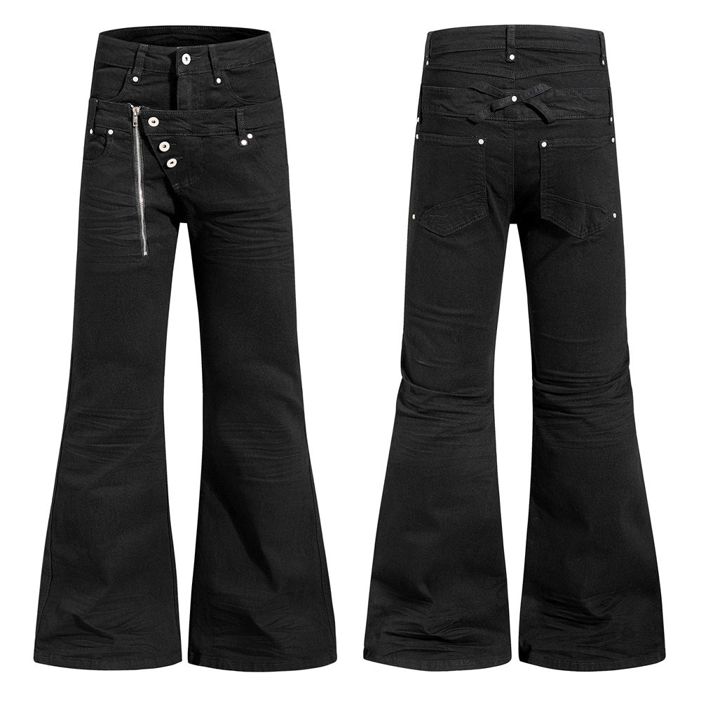 Men's black double waistband bell bottom flare jeans with diagonal zipper and silver button detail, front and back view