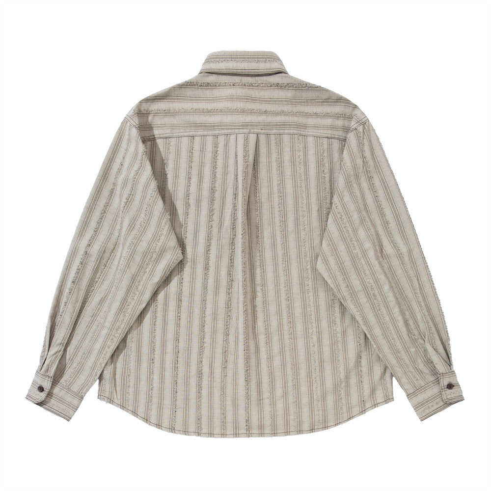Men's Vintage Striped Oversized Long-Sleeve Shirt with Dual Chest Pockets