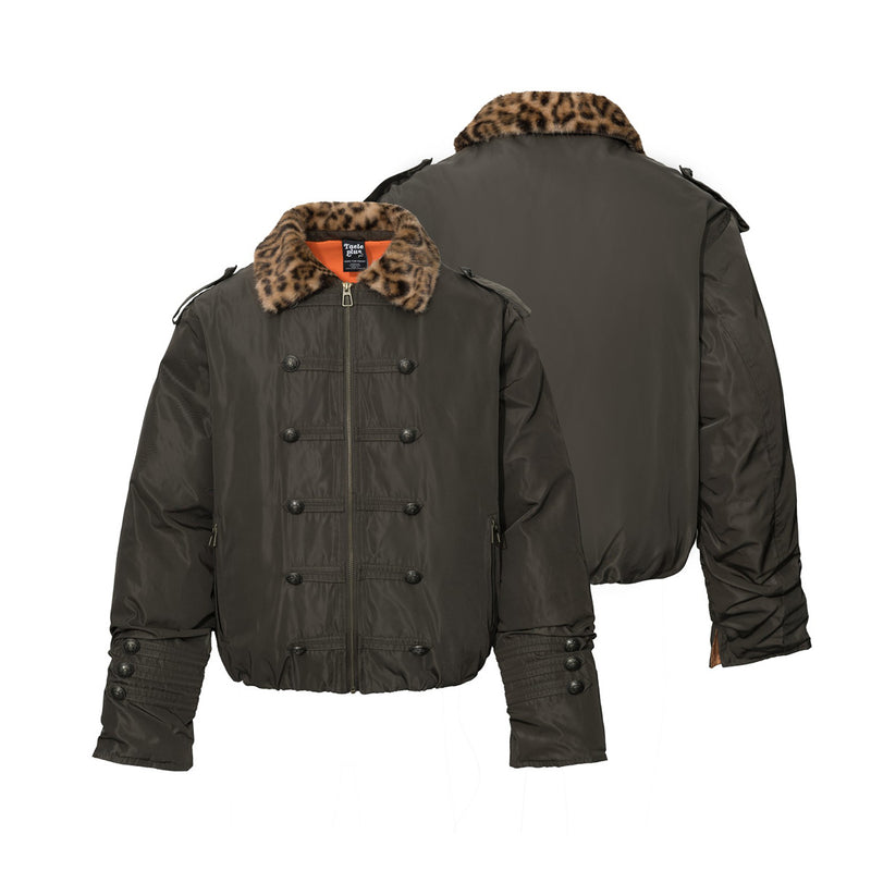Military Bomber Jacket with Leopard Faux Fur Collar & Double-Breasted Button