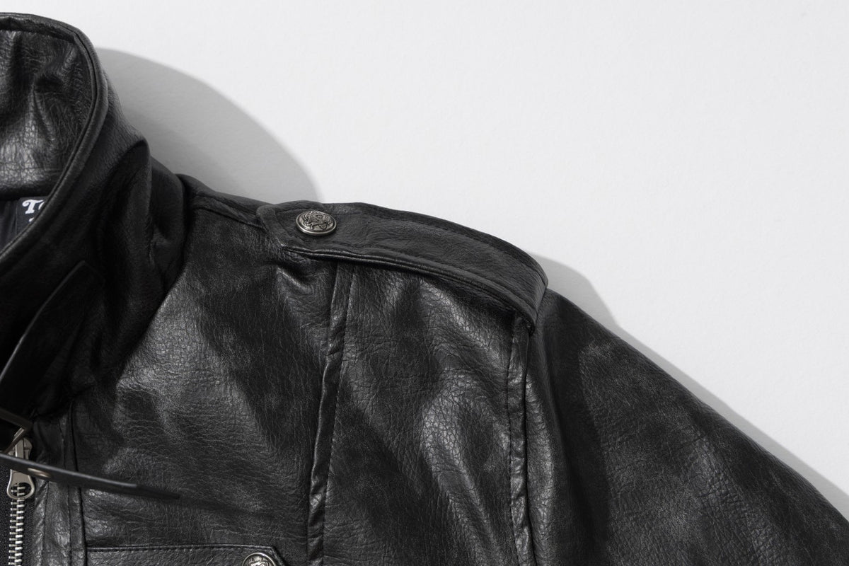 Gothic Cross Moto Jacket – Padded Faux Leather with Military Buttons & Cross