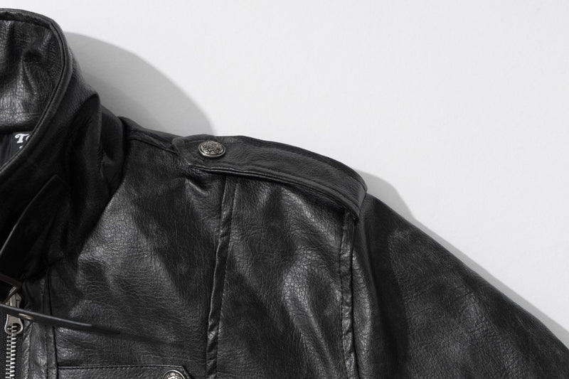 Gothic Cross Moto Jacket – Padded Faux Leather with Military Buttons & Cross