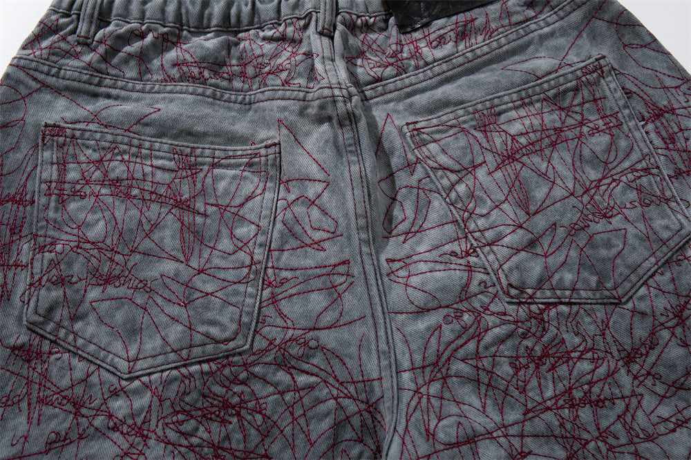 Wide-Leg Denim Shorts with All-Over Graffiti Embroidery – Punk Washed Grey