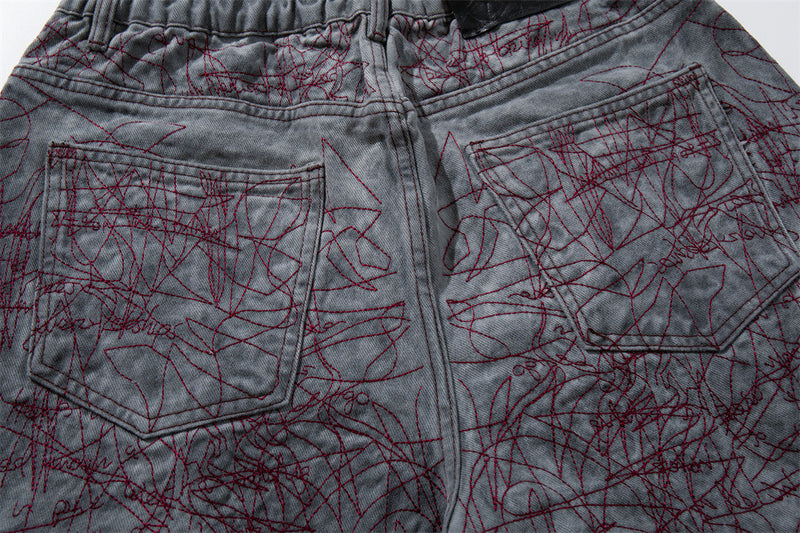 Wide-Leg Denim Shorts with All-Over Graffiti Embroidery – Punk Washed Grey