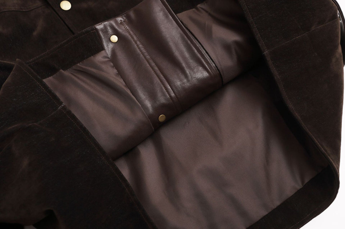 Dark Brown Suede Moto Jacket – Snap Button Stand Collar Belted Harrington