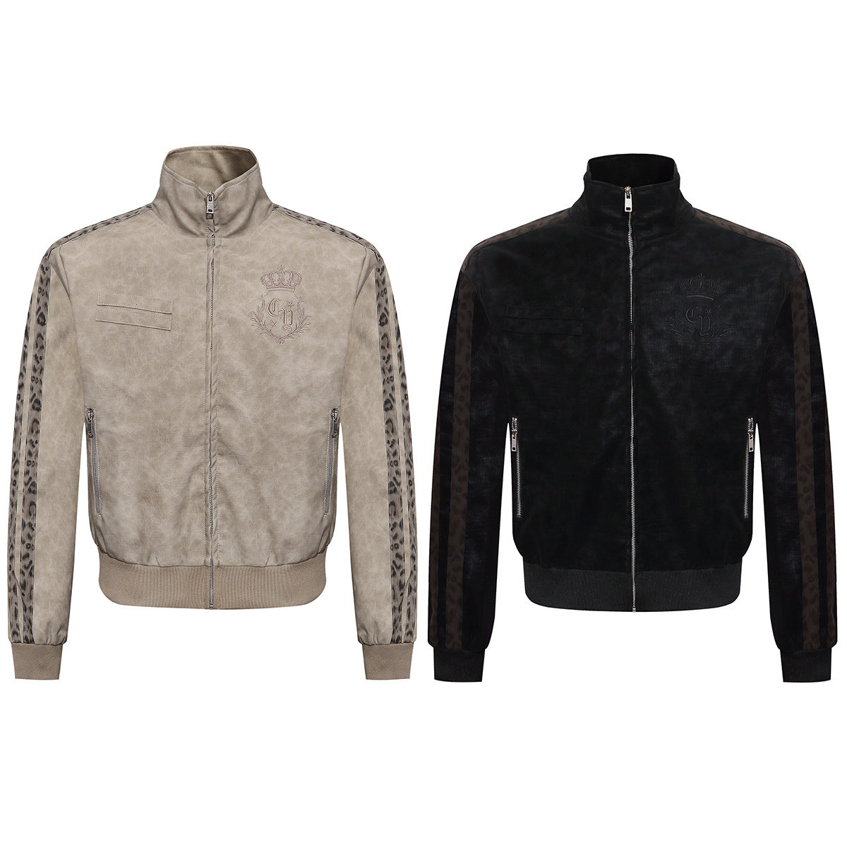 High Neck Leather Jacket with Leopard Side Panels & Crown Emblem
