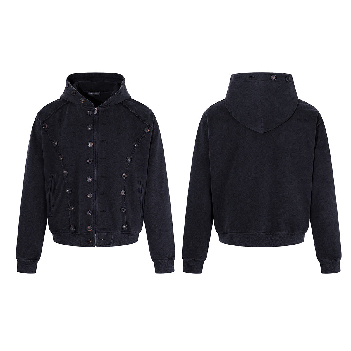 Schwerer Zip-Hoodie – Verwaschenes Schwarz, Streetwear-Design mit mehreren Knöpfen