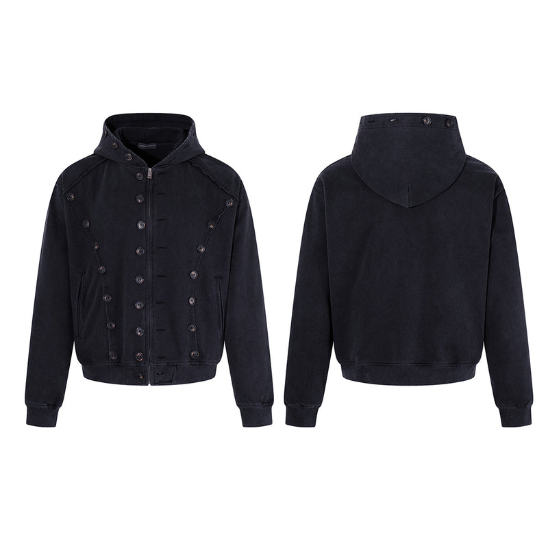 Schwerer Zip-Hoodie – Verwaschenes Schwarz, Streetwear-Design mit mehreren Knöpfen