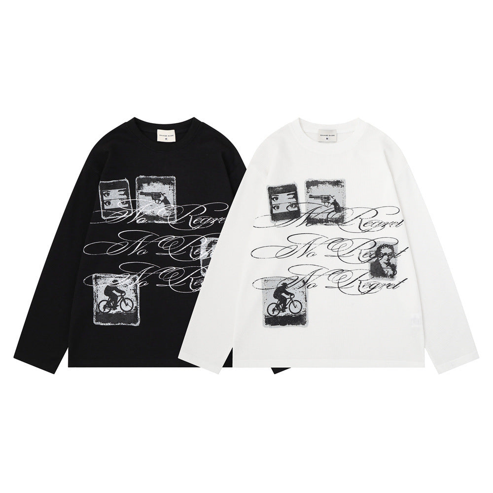 Long Sleeve Graphic Print Crew Neck Shirt – No Regret Graffiti Script, Relaxed