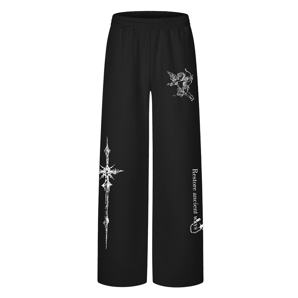 Dark Cross & Angel Print Wide-Leg Sweatpants – Relaxed Straight Fit