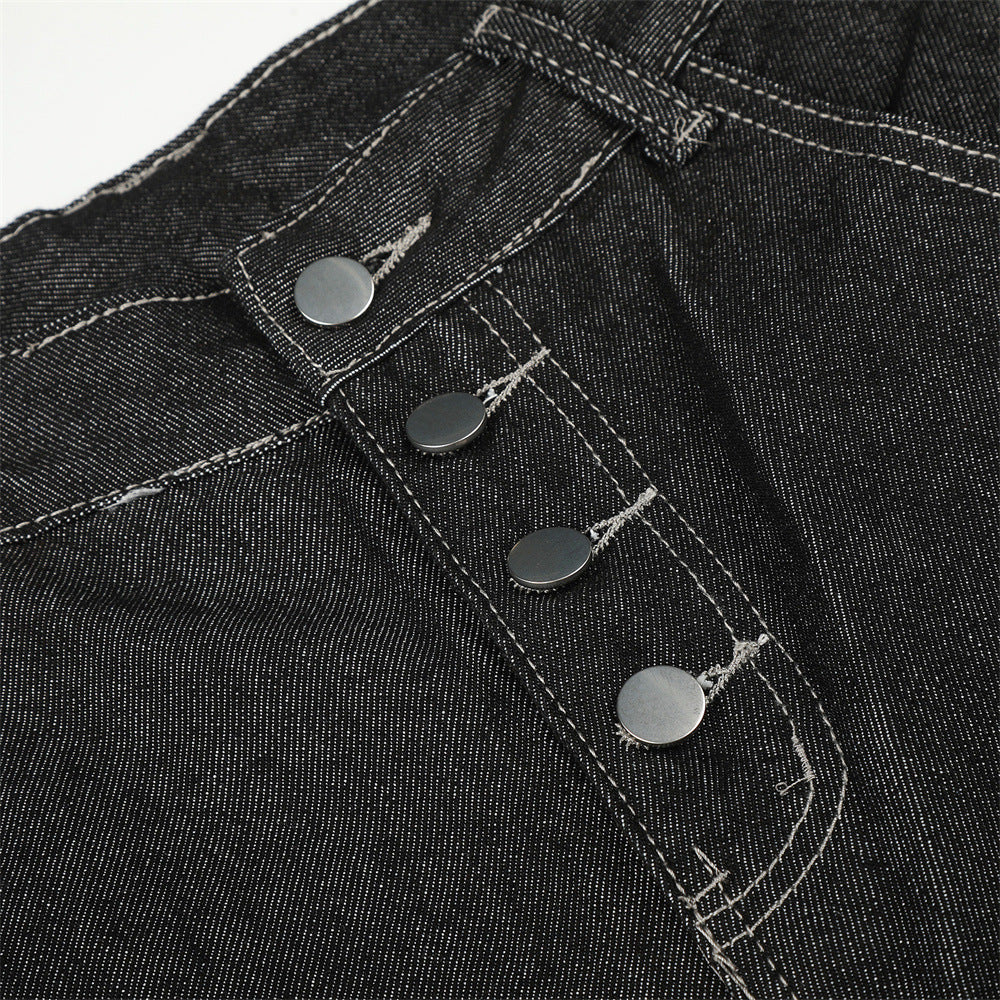 Men's Wide-Leg Jeans – Loose Fit Dark Black Denim with Back Script Embroidery &