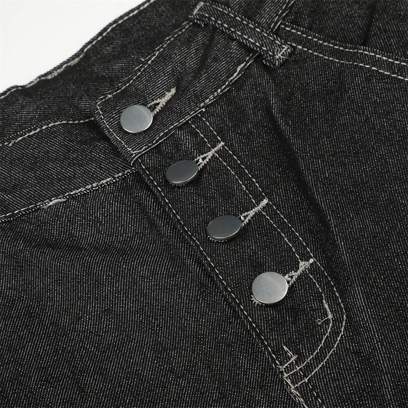Men's Wide-Leg Jeans – Loose Fit Dark Black Denim with Back Script Embroidery &