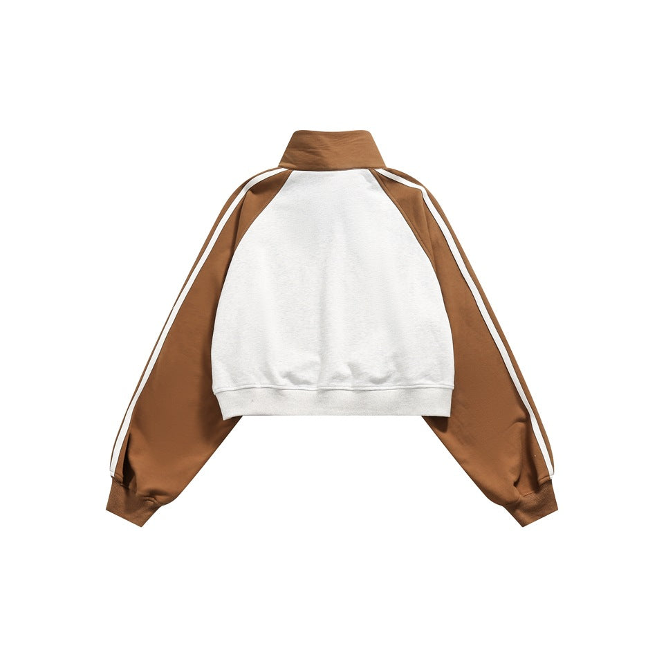 Cropped Half-Zip Sweatshirt Jacket – Colorblock Raglan with Stripe Sleeves