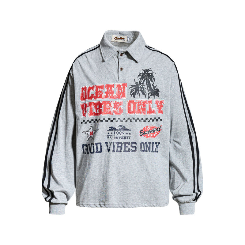Men's Long Sleeve Rugby Shirt – Ocean Vibes Graphic Polo with Stripe Sleeves