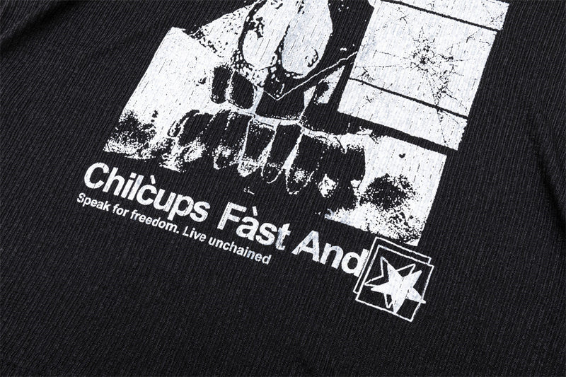 T-shirt côtelé à manches longues et motif tête de mort – Haut col rond streetwear sombre