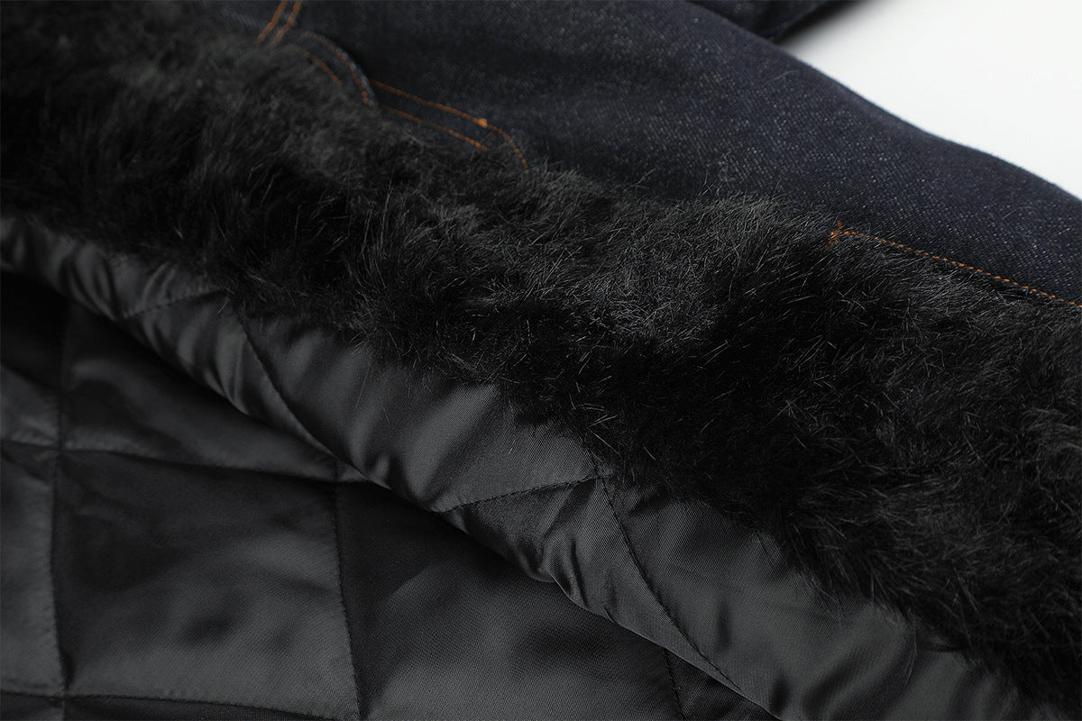 Dark Indigo Denim Jacket with Faux Fur Collar & Fleece Lining