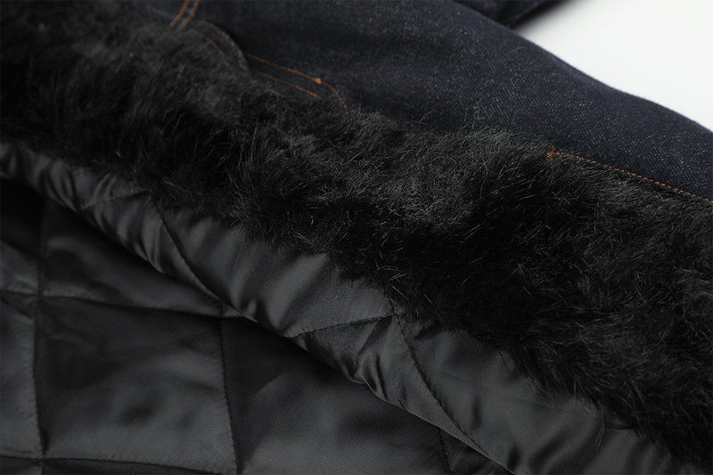 Dark Indigo Denim Jacket with Faux Fur Collar & Fleece Lining