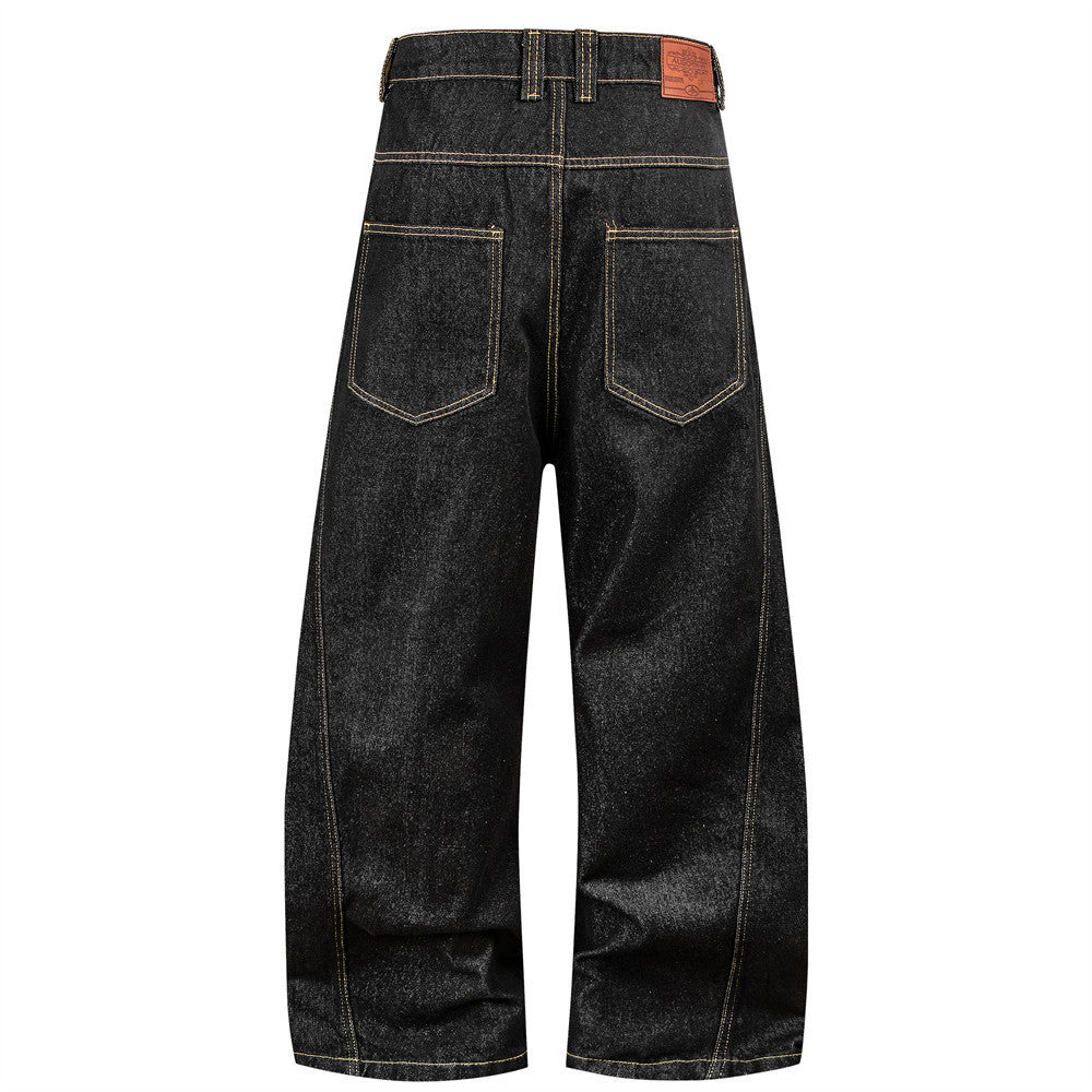 Men's Raw Black Denim Wide-Leg Jeans – Deconstructed Button Fly & Diagonal Seam