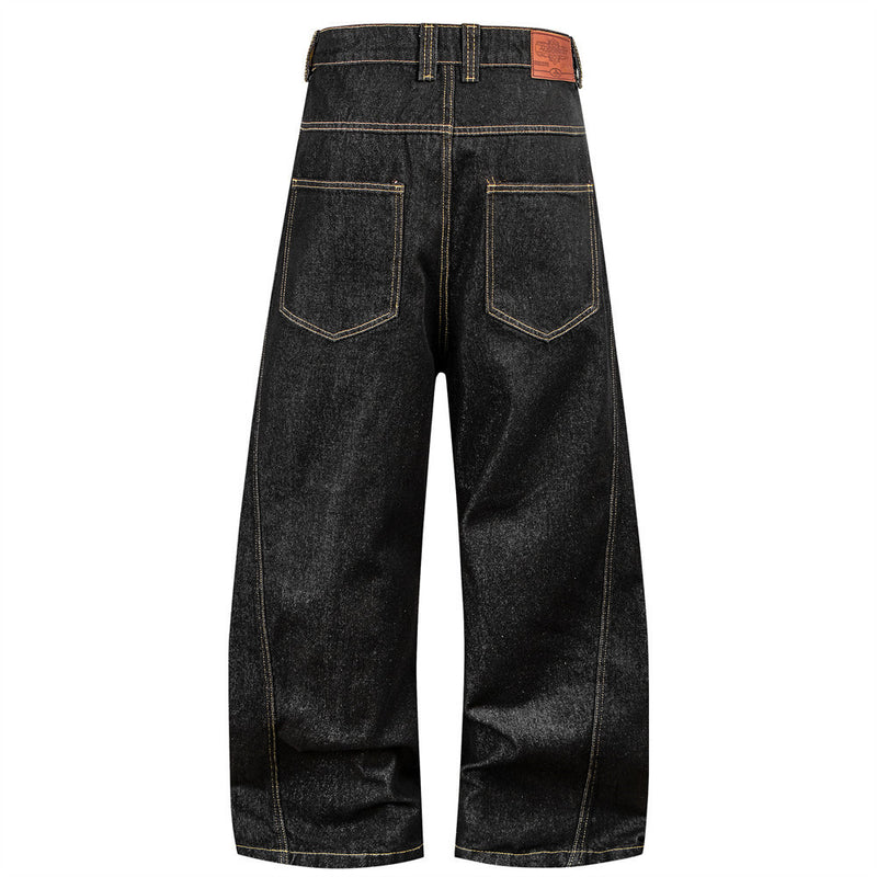 Men's Raw Black Denim Wide-Leg Jeans – Deconstructed Button Fly & Diagonal Seam