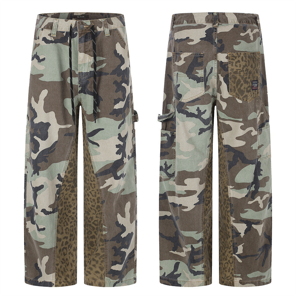 Camo & Leopard Patchwork Wide-Leg Cargo Pants