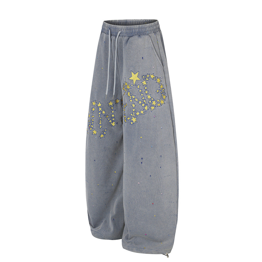 Pantalones de Chándal de Pierna Ancha con Estrellas Bordadas – Pantalones Streetwear Baggy Lavados al Ácido