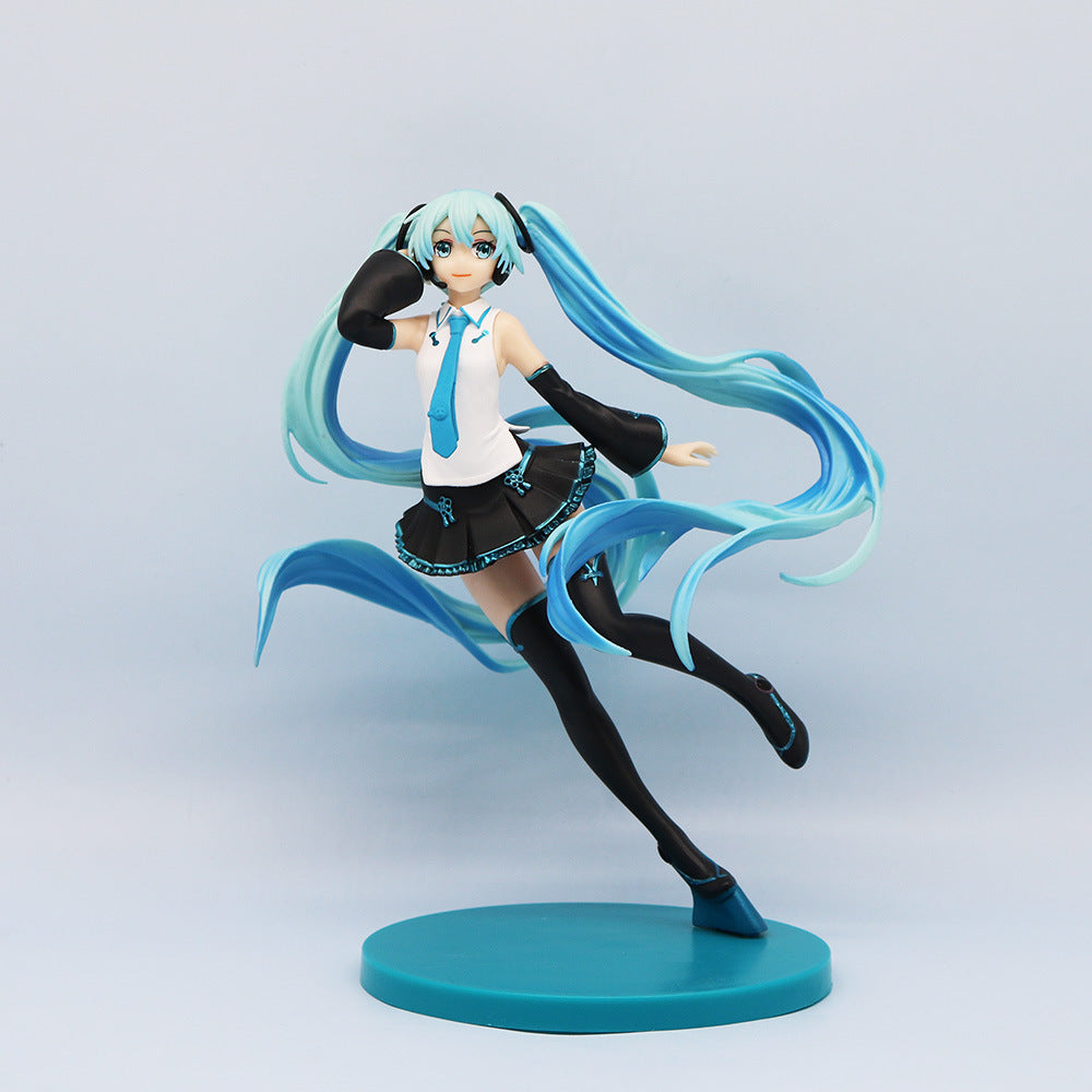 The Flying Hatsune Miku 20cm PVC Figure by Hatsune Miku features the iconic Vocaloid with long blue twin tails, a white shirt, blue tie, black arm warmers, black skirt, and thigh-high socks in a dynamic flying pose on a round blue stand. A must-have for dedicated fans!.