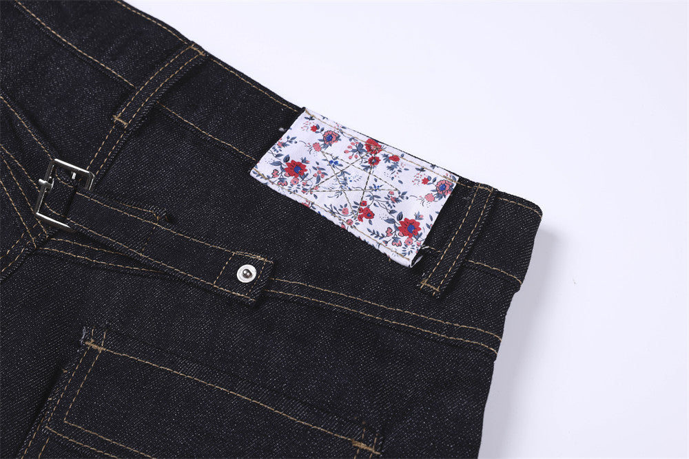 RHNDE Dark Wash Wide-Leg Denim Shorts with Floral Pocket Lining