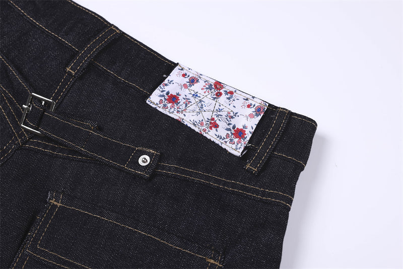 RHNDE Dark Wash Wide-Leg Denim Shorts with Floral Pocket Lining