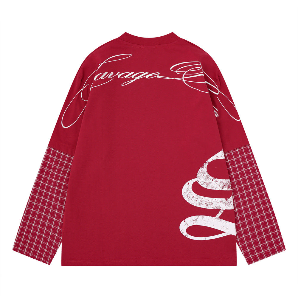 Savage Base Fake-Zweiteiler mit karierten Patchwork-Ärmeln – Oversized-Langarmshirt für Herren